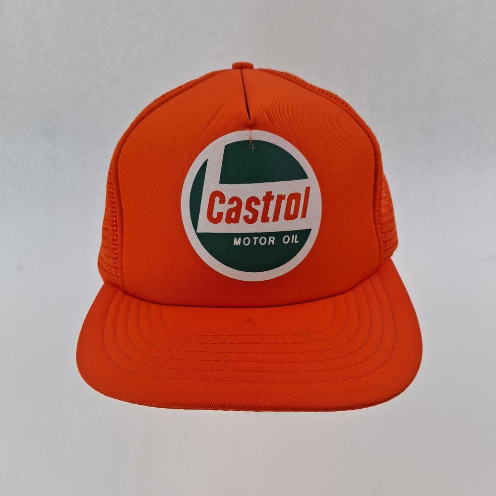 Castrol Motor Oil Hat Cap Snap Back One Size Orange Trucker Mesh Logo Mens